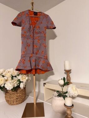 Striped Floral Ruffle Hem Mini Dress - Orange